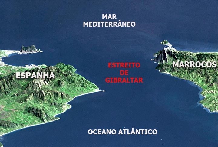 Esse estreito liga o mar Mediterrâneo com o oceano Atlântico, no extremo sul da Espanha, e o Marrocos, no noroeste da África.  Reprodução: Flipar