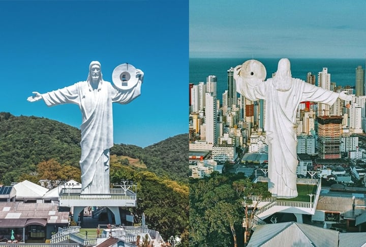 Camboriú também tem um Cristo Redentor, bem diferente da estátua do Rio de Janeiro. É chamado de Cristo Luz. Reprodução: Flipar