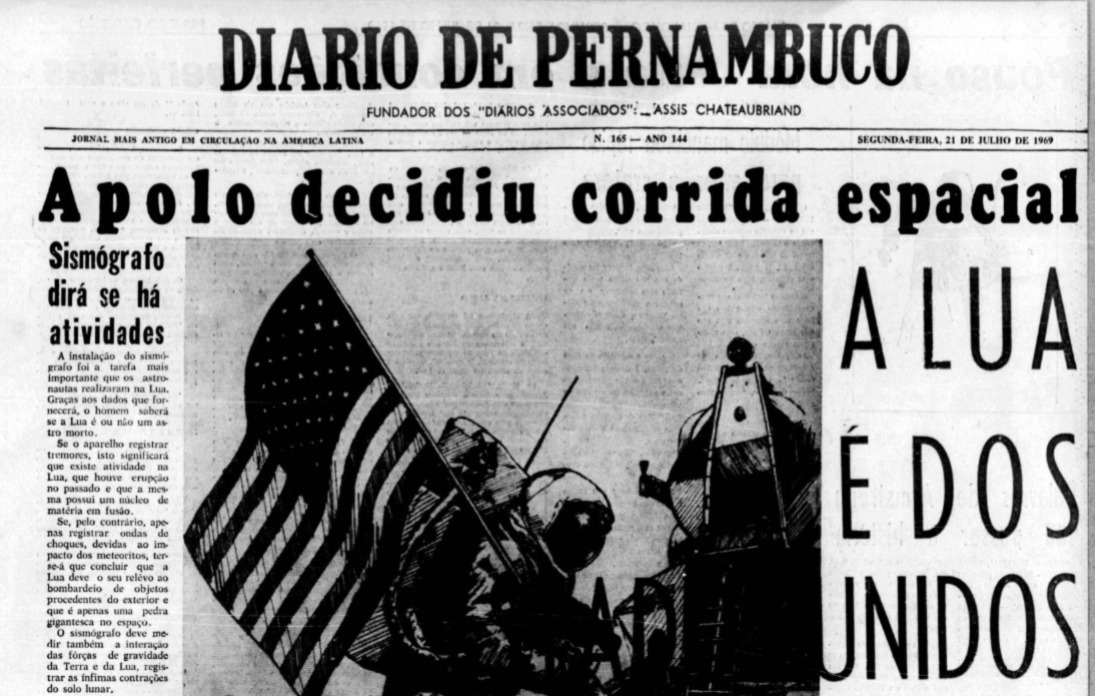 O Diario de Pernambuco estampou a manchete “A Lua é dos Estados Unidos” ao noticiar a chegada do homem à Lua. Foto: Reprodução/Diário de Pernambuco