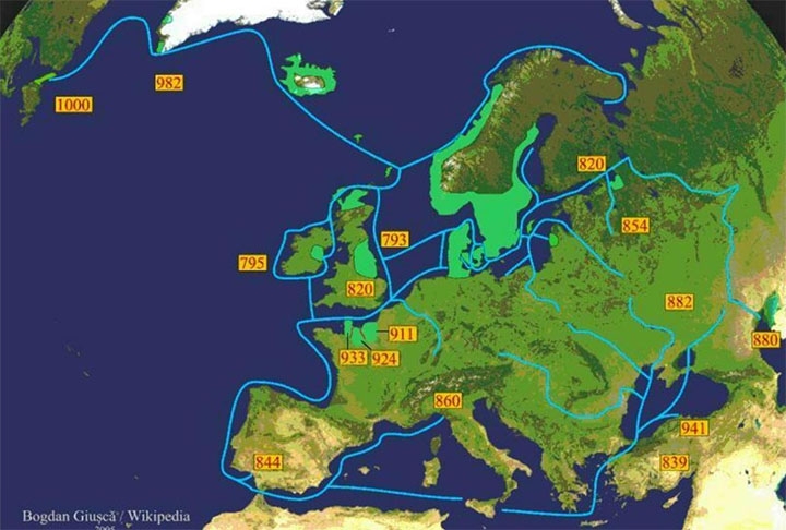 A sua primeira grande investida teve como alvo as ilhas britânicas e os ataques se tornaram frequentes. A propósito, os vikings conseguiram dominar a maior parte da Irlanda e da Inglaterra, chegando próximo à Escócia.  Reprodução: Flipar