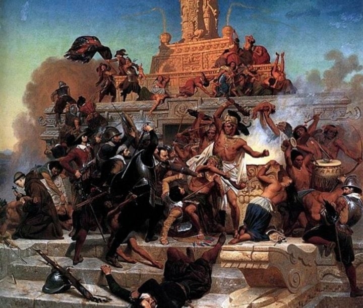 Os astecas eram o povo que habitava o território ocupado no século XVI pelos espanhóis. Em 1521, soldados liderados por Hernán Cortéz  invadiram o Império Asteca e dominaram  a região. O vírus da varíola trazido pelos europeus dizimou a população nativa. Reprodução: Flipar