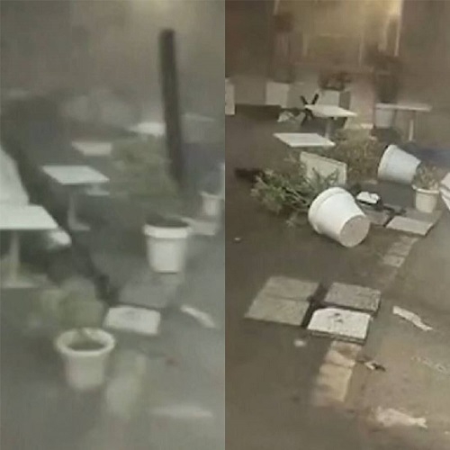 A câmera de segurança de um restaurante próximo ao local do acidente capturou a força dos ventos durante o tornado. Cadeiras, mesas e vasos de planta foram arremessados pela força do vento. Reprodução: Flipar