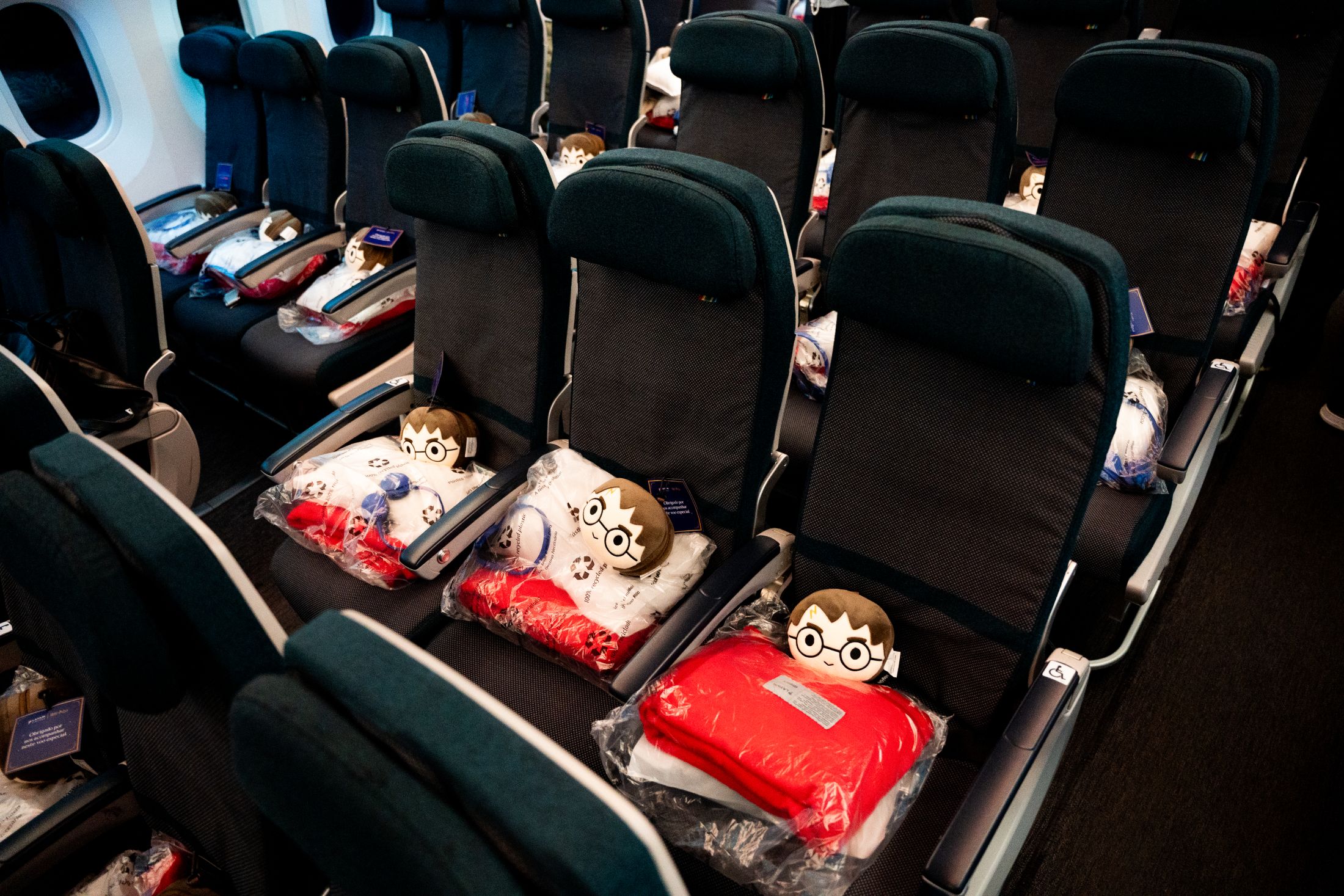 Cada passageiro ganhou uma almofada do Harry Potter. Foto: Divulgação / Latam