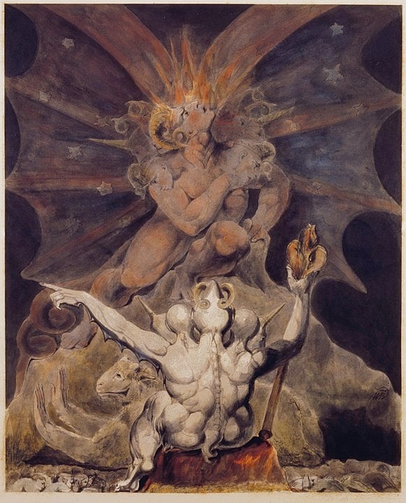Na Idade Média, a associação de 666 com o mal foi amplificada em pregações e representações artísticas, ganhando raízes no imaginário coletivo. Uma referência ao Anticristo que foi se estendendo pelo séculos seguintes. Na foto, uma obra sobre o 666, criada pelo artista plástico inglês William Blake em 1805. Reprodução: Flipar