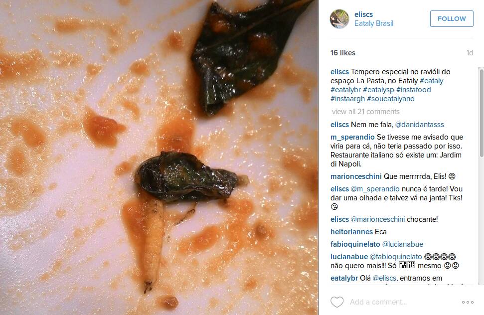 Foto postada no perfil de Elis Silvestri, jornalista, mostra larva em prato que teria sido servido no Eataly de SP. Foto: Reprodução/Instagram