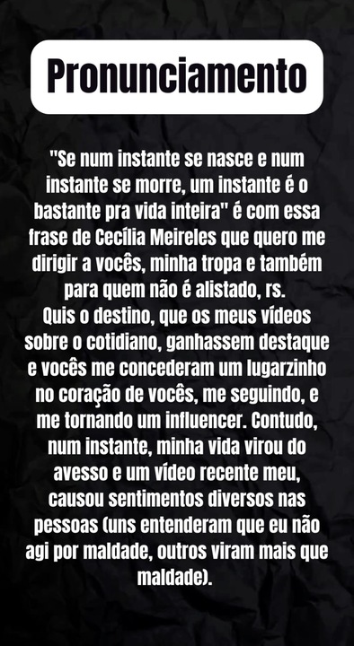 Pronunciamento de Rodrigo Cruz. Foto: Reprodução: Instagram/@bocadeurna_