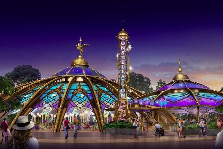 Na Constellation Carrousel, os visitantes fazem um passeio em meio a constelações pela Via Láctea, com direito à música e luzes especiais.
 Reprodução: Flipar