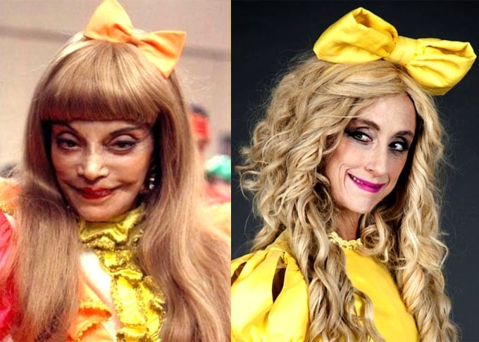 Dona Bela - Zezé Macedo (1916-1999) e Betty Gofman. Zezé morreu aos 83 anos. Foi atriz de rádio, cinema e televisão. Recordista feminina no Brasil em participações de cinema, com papéis em108 filmes. Betty Goffman tem uma respeitada carreira no teatro e também atua em TV, com veia cômica que caiu como luva na pele da dona Bela.  Reprodução: Flipar