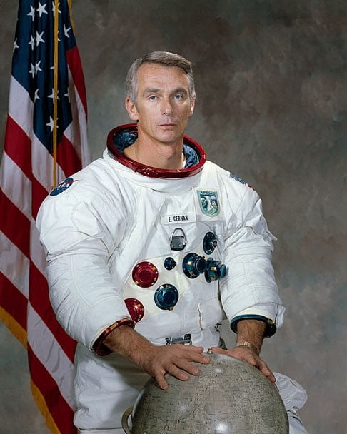 Eugene Cernan - Nascido em 14/3/1934.  Formado pela Universidade de Purdue/Escola de Pós-Graduação Naval. Pisou na Lua em 11/12/1972. Morreu em 16/1/2017, aos 82 anos.  Reprodução: Flipar