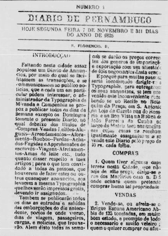 Primeira capa do Diario de Pernambuco. Foto: Reprodução/Diário de Pernambuco