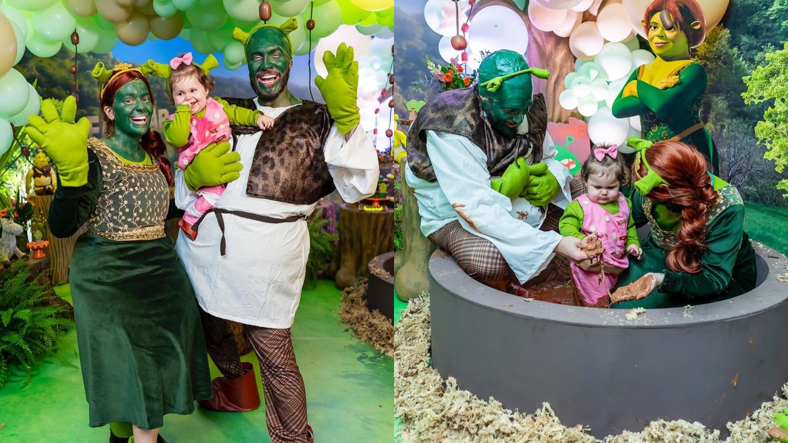 11º mês - O último mesversário de Lua foi temático do filme ‘Shrek’. Viih e a filha se fantasiaram de Fiona e Eliezer estava como o ogro protagonista. Além de usarem tinta para as fantasias, a festa também simulou o pântano da animação e a família posou na lama.  Reprodução/Instagram - 09.04.2024