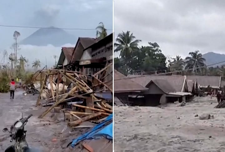 Por causa da erupção do Semeru, mais de 1.300 pessoas foram deslocadas para longe de casa. Centenas de imóveis foram destruídos.  Reprodução: Flipar