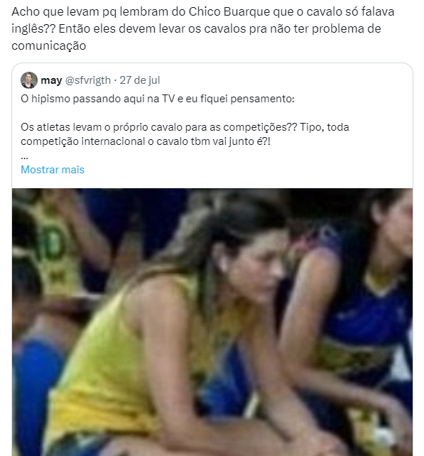 Reprodução/redes sociais Música de Chico Buarque inspirou memes sobre hipismo Reprodução/redes sociais