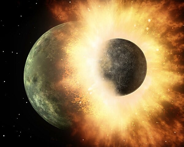 Uma pesquisa divulgada  pela revista Geophysical Research Letters afirma que a colisão entre a Terra e o planeta Theia, há bilhões de anos, além de dar origem à Lua - como já se propagava - também fez surgir as chamadas placas tectônicas em nosso planeta.  Reprodução: Flipar