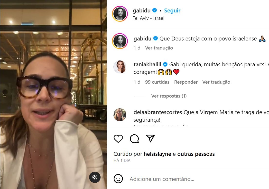 A atriz Gabriela Duarte, filha de Regina Duarte, estava em Israel com os dois filhos e chegou a se abrigar por causa dos bombardeios. Mas conseguiu pegar um avião para Praga, na  República Tcheca. E postou mensagem no Instagram avisando que estava bem. 