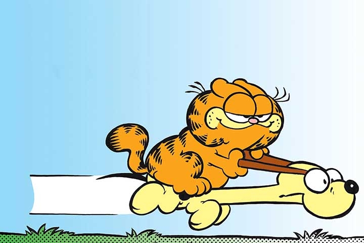 Garfield estreou em 19 de Junho de 1978. Tinha traços disformes, bochechas enormes e olhos pequenos. No entanto, já mostrava o sarcasmo na sua primeira tira. Reprodução: Flipar