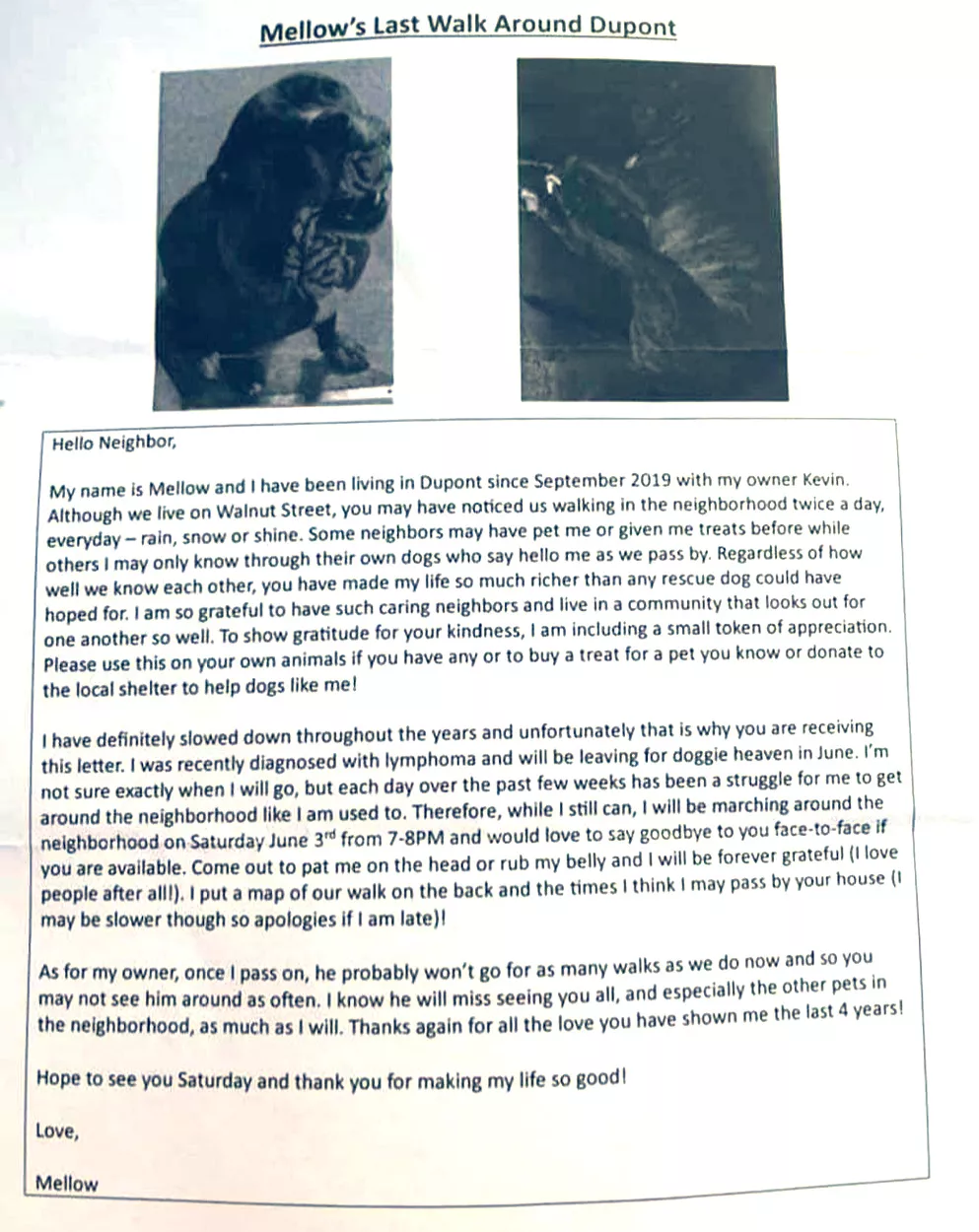 Carta que Kevin, tutor de Mellow, deixou para os vizinhos. Foto: Reprodução/Facebook