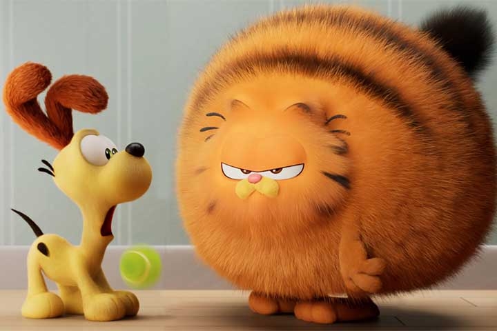 No filme, Garfield tem um reencontro inesperado com seu pai, que estava há muito tempo desaparecido. Um gato de rua todo desengonçado que atrai o filho para um assalto de alto risco. Reprodução: Flipar