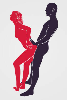 Em pé | A mulher fica de costas para o parceiro e inclina levemente o corpo para a frente, enquanto ele faz a penetração. Renato Munhoz (Arte iG)