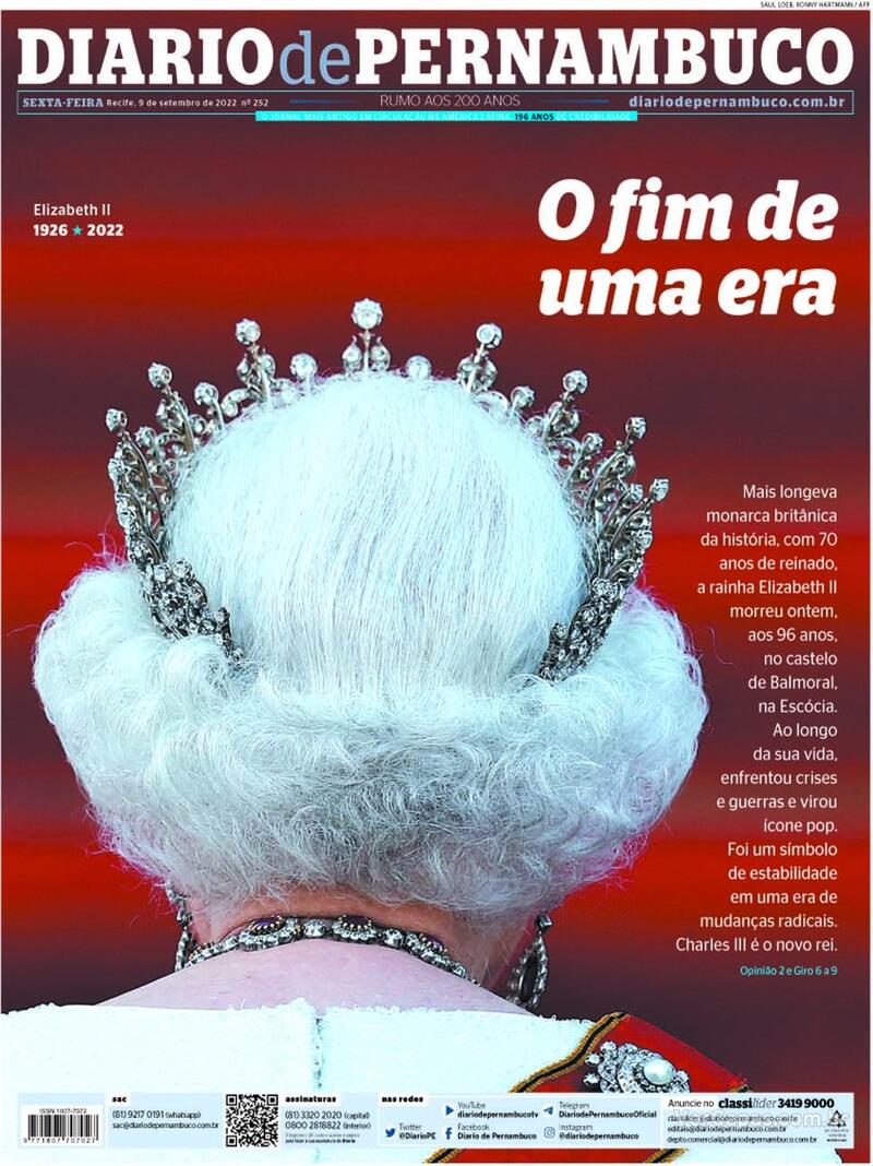 Jornal acompanhou a morte da monarca mais longeva do Reino Unido, Rainha Elizabeth II. Foto: Reprodução/Diário de Pernambuco