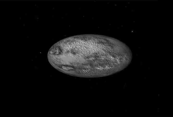 Haumea é um planeta anão localizado a 43,3 UA do Sol, ou seja, um pouco mais de 43 vezes a distância da Terra ao Sol, em pleno Cinturão de Kuiper.  Reprodução: Flipar