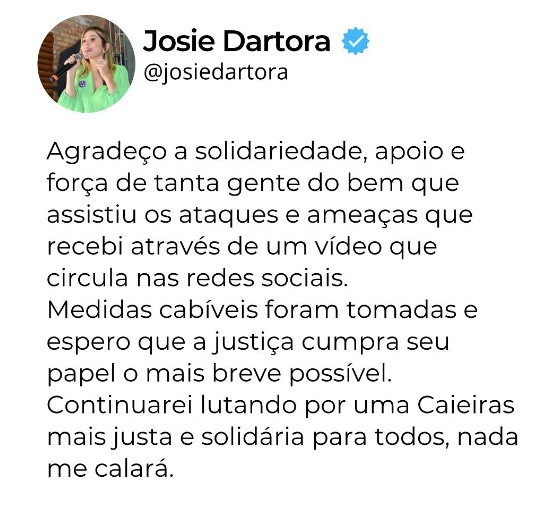 Candidata agradeceu apoio recebido após ameaças. Reprodução / Redes Sociais