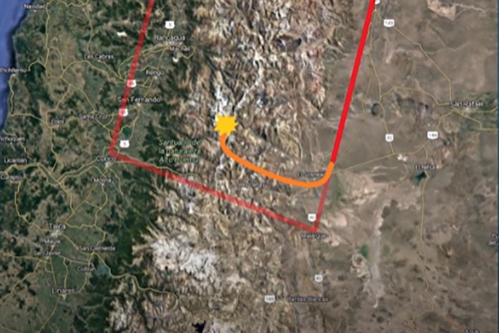 O canal Aviões e Músicas, do YouTube, mostrou no mapa a dimensão do equívoco. Em vermelho, a rota planejada. Em laranja, o desvio involuntário: 50 km mais ao norte do que deveriam. Os pilotos não tinham ideia de onde estavam.  Reprodução: Flipar