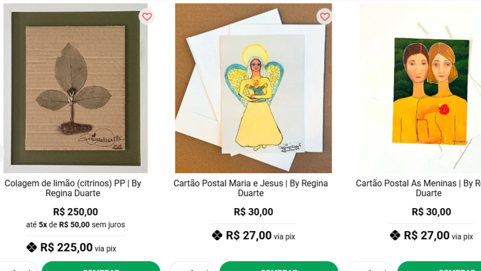 Site de vendas de Regina Duarte conta com cartões postais. Foto: Reprodução site: reginadasartes.com.br