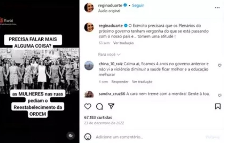 Regina postou em sua rede social uma foto famosa e histórica de Leila, ao lado de outras atrizes de renome (Eva Todor, Tônia Carrero, Eva Wilma, Odete Lara e Norma Bengell) , numa passeata contra a ditadura em 1968. Mas, ao contrário, Regina afirmou que o grupo estaria apoiando o governo militar. Reprodução: Flipar