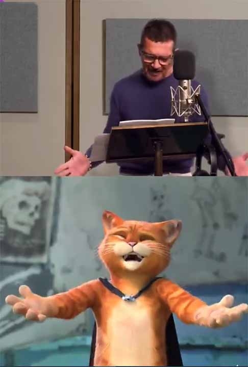 Ele também é dublador e dá voz ao ‘Gato de Botas’ nas animações de Shrek 2, 3 e 4. Além disso, o personagem ganhou uma produção própria que leva o seu nome.  Reprodução: Flipar