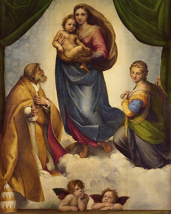 Já na pintura Madona Sistina, de Rafael, Virgem Maria surge sentada em um trono com o Menino Jesus em seu colo, próximos de São Sixto e Santa Bárbara. Reprodução: Flipar