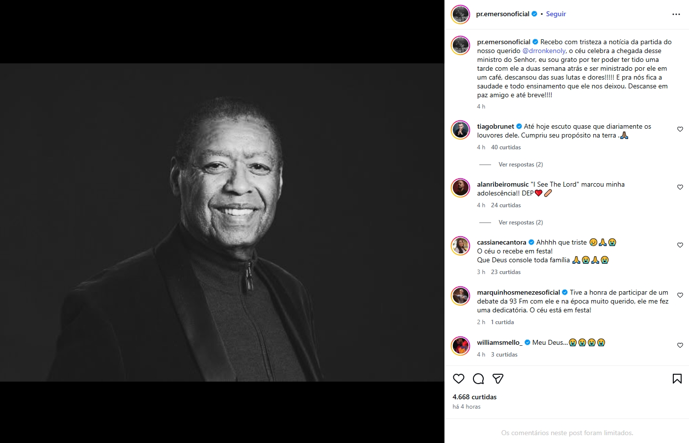 Pastor Emerson Cruz lamenta a morte de Ron Kenoly em post do Instagram. Foto: Reprodução/Instagram