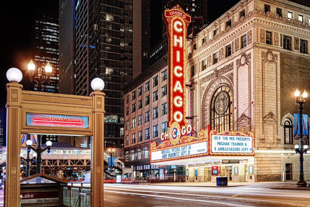 A fachada do Chicago Theatre, em Illinois, nos Estados Unidos.. Foto: Ticketmaster
