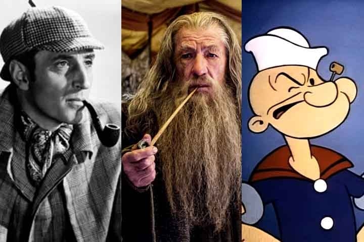 Vários personagens famosos da ficção são associados ao cachimbo, como Sherlock Holmes, Gandalf de O Senhor dos Anéis e Popeye. O uso do cachimbo por esses personagens reforça traços de sabedoria, mistério ou força em suas personalidades. Reprodução: Flipar
