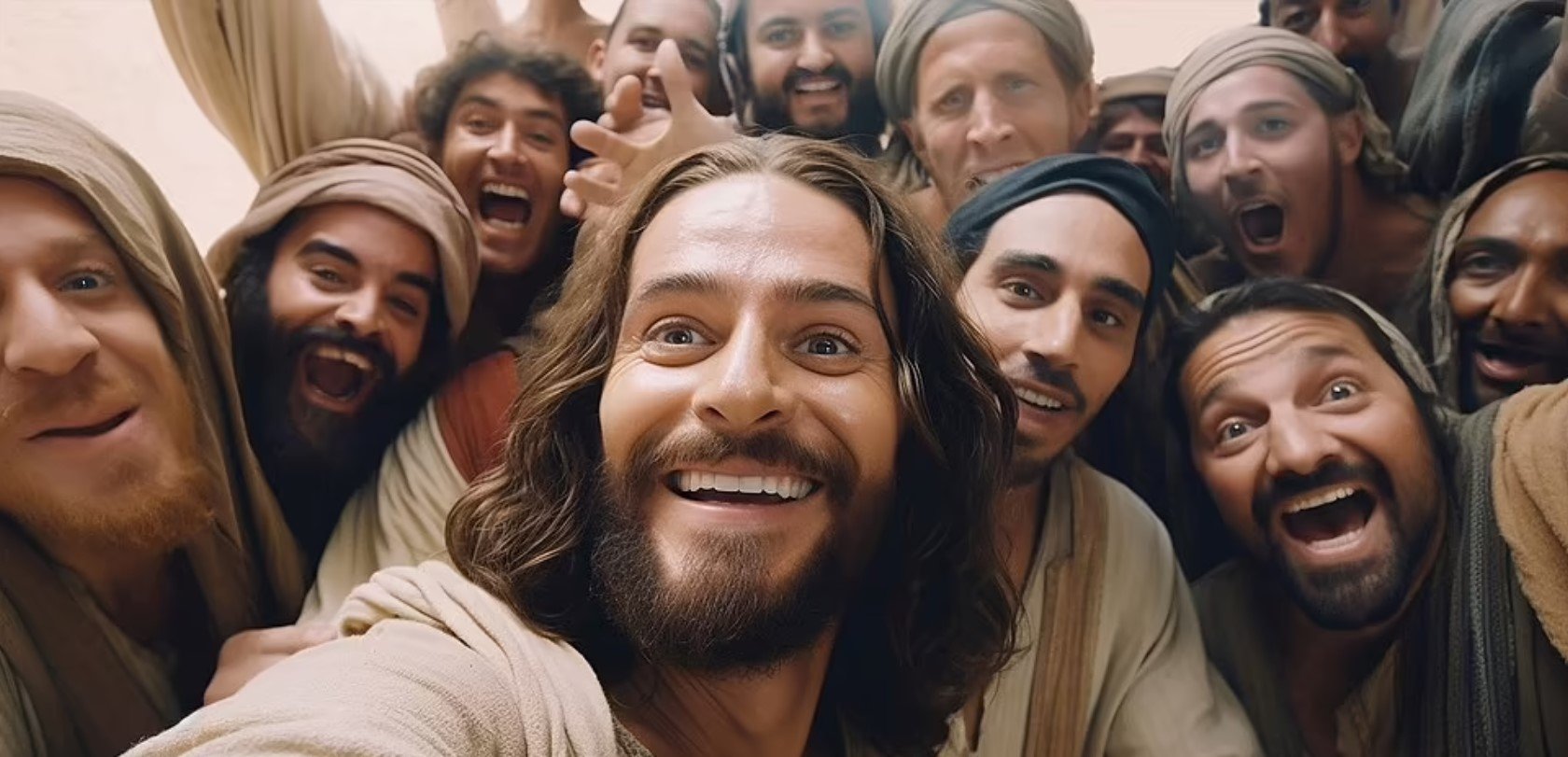 Selfie de A Última Ceia com Jesus tirando foto e alguns dos apóstolos sorrindo. Foto: Duncan Thomsen / SWNS