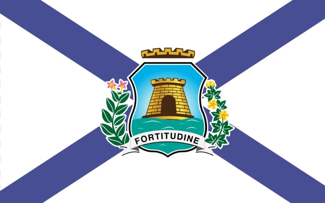 A bandeira de Fortaleza consiste em um retângulo, composto de um campo branco sobreposto por uma Cruz de Santo André. O azul é igual ao da bandeira nacional, bem como as proporções do pavilhão. No centro, encontra-se o brasão municipal, concebido por Tristão de Alencar Araripe.  Reprodução: Flipar