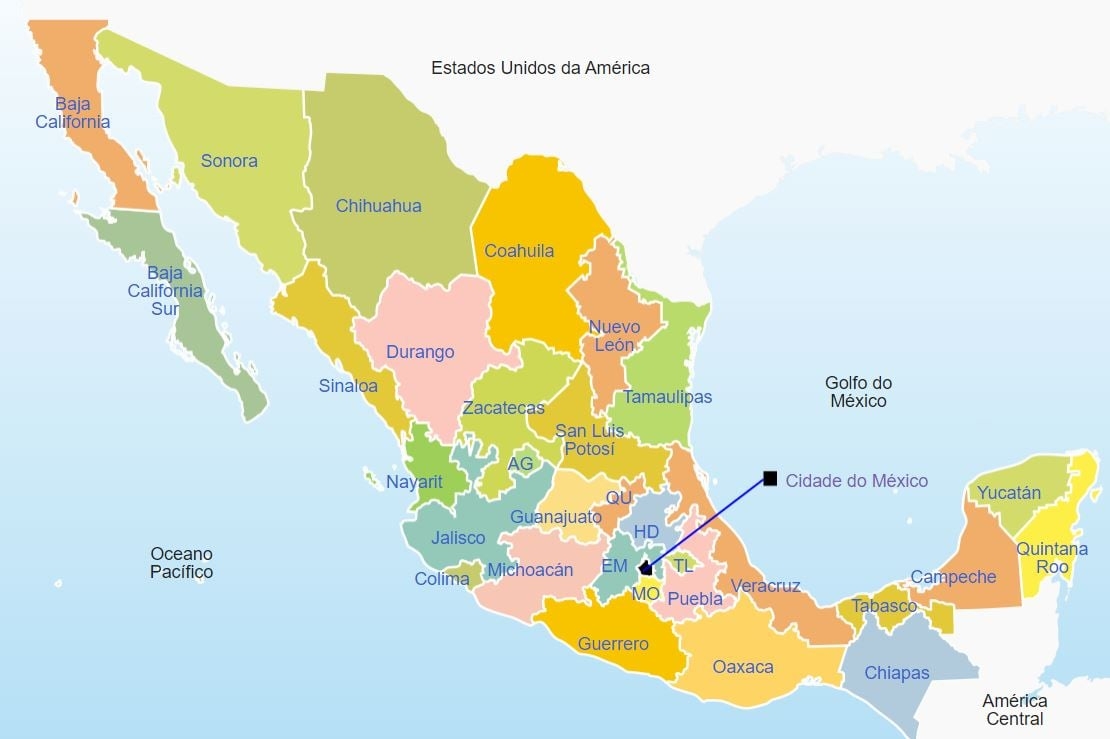 Com 2 milhões de km quadrados, o México é o 5º maior país das Américas e o 14º maior país independente do mundo. É dividido em 31 estados e a Capital México. Fica inteiramente na América do Norte, tendo fronteira com os EUA ano norte Reprodução: Flipar