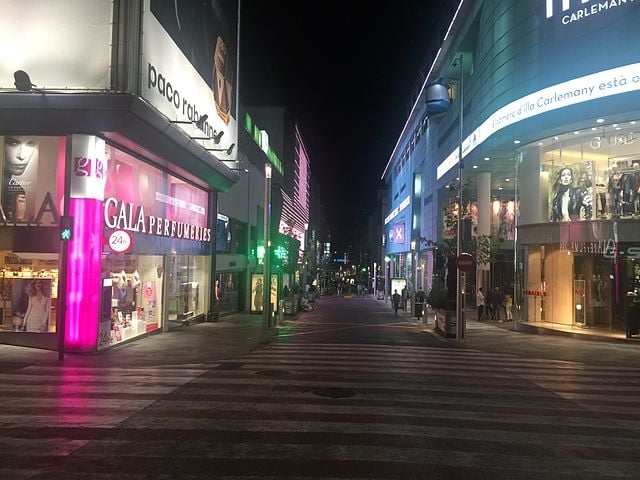 Tal cenário fica mais evidente na capital Andorra La Vella onde a Avenida Meritxell é o principal centro comercial com diversas opções de loja de diversos segmentos (roupas, bebidas, perfumes, acessórios, eletrônicos, joias, entre outros). Reprodução: Flipar