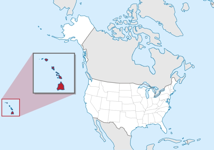 O Havaí fica localizado no Oceano Pacífico Central, aproximadamente a 3.860 km a oeste da costa da Califórnia, nos Estados Unidos. Reprodução: Flipar