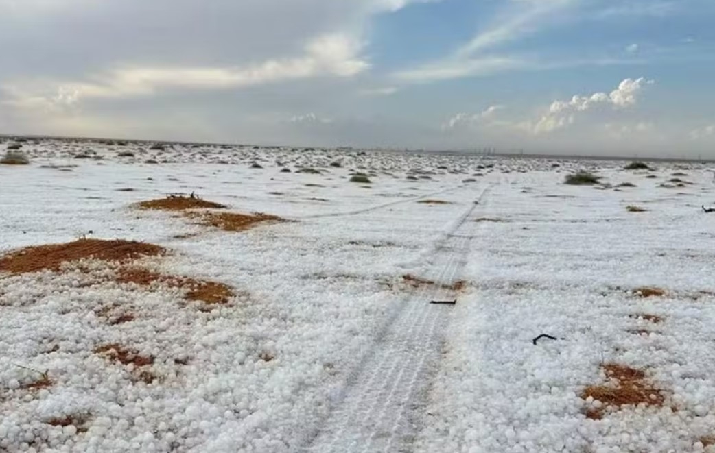 As dunas da cidade de Al-Jawf, no deserto de Al-Nafud, na Arábia Saudita, foram tomadas por neve em novembro. Segundo a Saudi Press Agency, uma chuva torrencial com tempestade de granizo foi responsável pela formação de camadas de gelo. Reprodução: Flipar