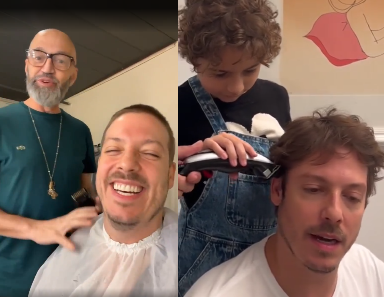 Fabio Porchat deixou o sobrinho cortar seu cabelo e depois deu os retoques finais com Marcos Padilha. Foto: Reprodução/Instagram