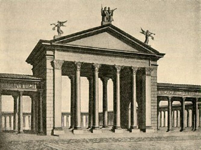 Nesta imagem, é possível ver como o pórtico de Otávia era na época em que Augusto imperou em Roma.  Era uma entrada imponente, que simbolizava o poderio do império.  Reprodução: Flipar
