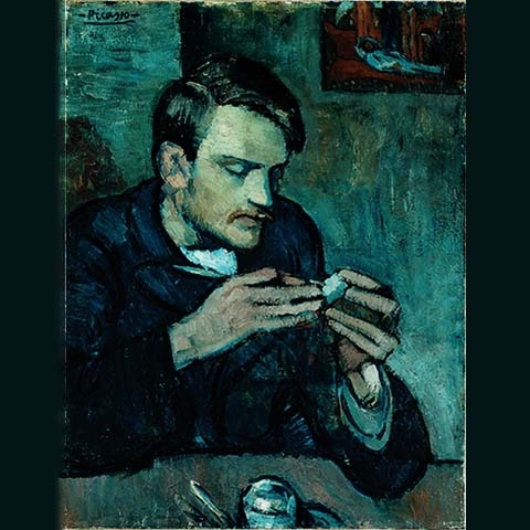 “Período Azul” (1901),  de Pablo Picasso: Restauradores do Instituto Courtauld, em Londres, encontraram o rosto de uma mulher escondido sob as camadas de tinta no retrato do escultor e amigo do artista, Mateu Fernández de Soto. Reprodução: Flipar