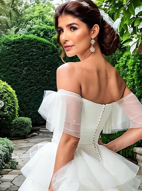 Paula também se mostrou como noiva, optando por um vestido branco de ombros nus e cintura bem marcada. O penteado clássico ajudou a valorizar os brincos.  Reprodução: Flipar