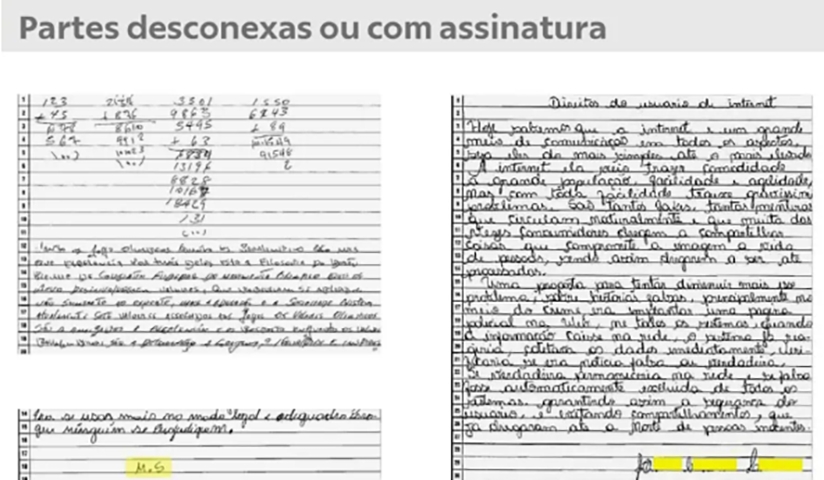 Não faça texto com assinaturas ou trechos desconexos, com anotações soltas no meio ou contas matemáticas, por exemplo.