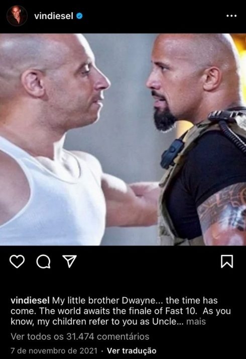 Também em 2021, Diesel publicou um longo texto no Instagram implorando pela volta de Dwayne e envolveu até o falecido Paul Walker na história. 