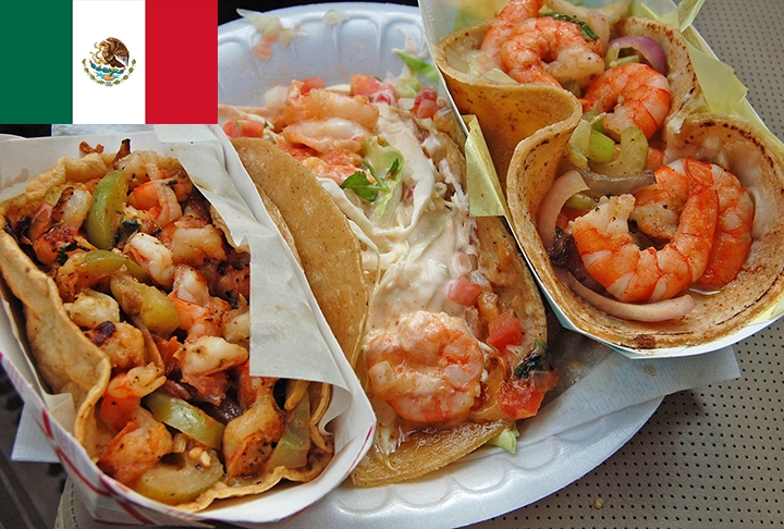 15º lugar - Tacos gobernador (México) - Tortillas recheadas com camarões, queijo ralado, coentro, cebola e tomate. As tortilhas são então dobradas ao meio, pinceladas com manteiga e cozidas. Reprodução: Flipar