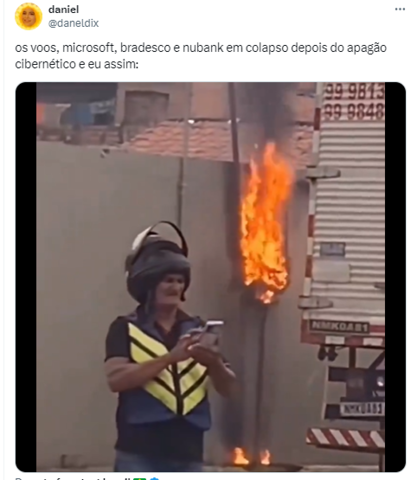 "Os voos, microsoft, bradesco e nubank em colapso depois do apagão cibernético e eu assim", brinca outro internauta Reprodução/redes sociais