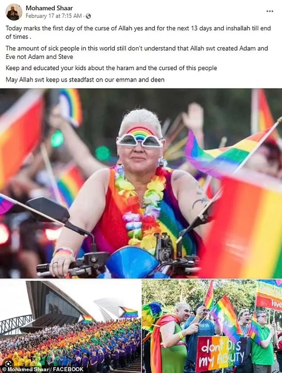 Post do mulçamano Mohamed Shaar criticando a Parada do Orgulho de Sydney, na Austrália. Foto: Reprodução/Facebook 07.03.2023