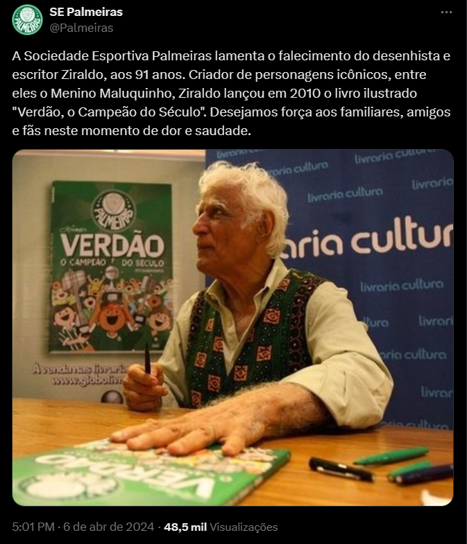 Palmeiras presta homenagem a Ziraldo Reprodução